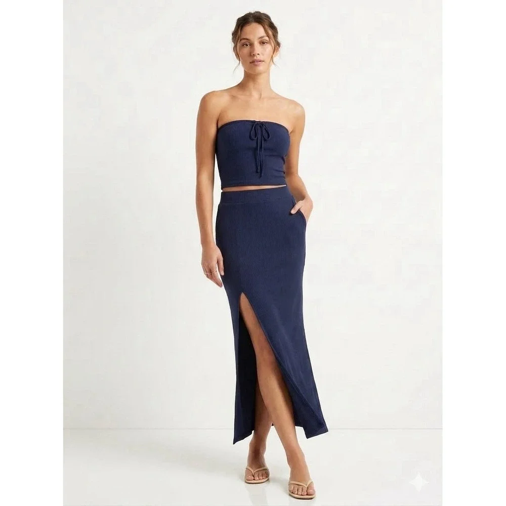 NWT Offline by Aerie Ribbed Navy Maxi Skirt Set XS Top M Skirt Matching Set New